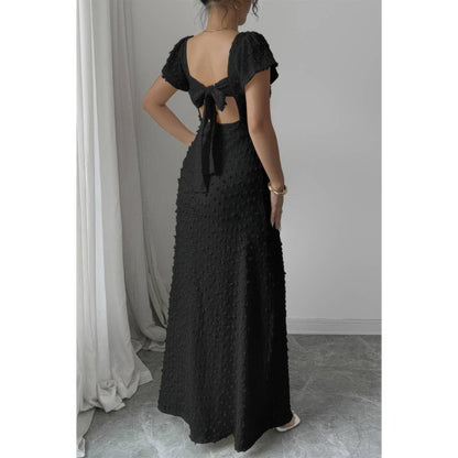 Swiss Dot Lace V Neck A Line Knot Back Dress