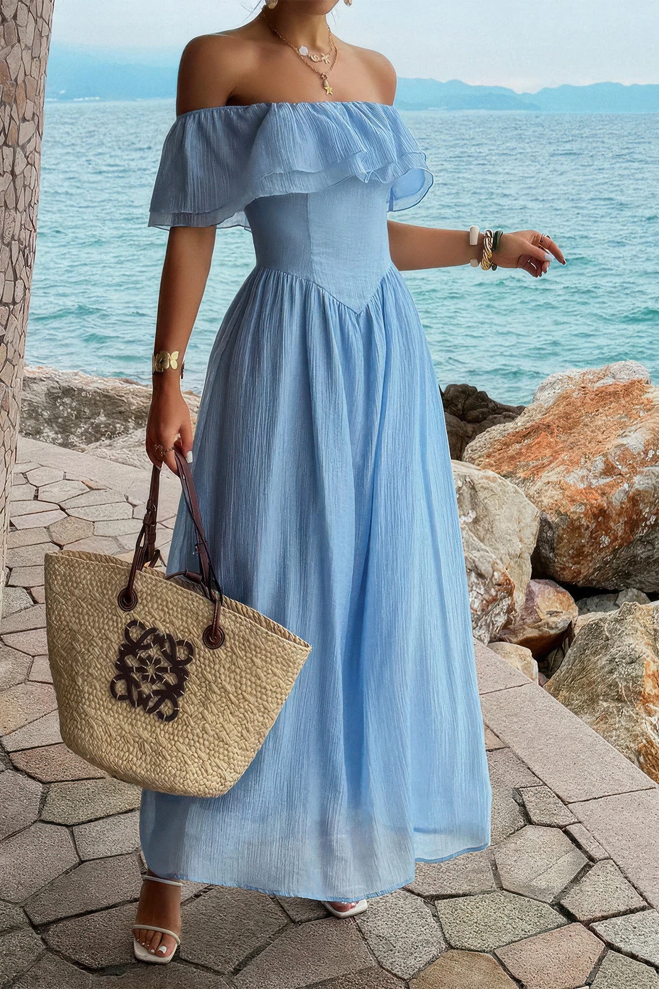 Solid Off Shoulder Corset Ruffle Long Dress