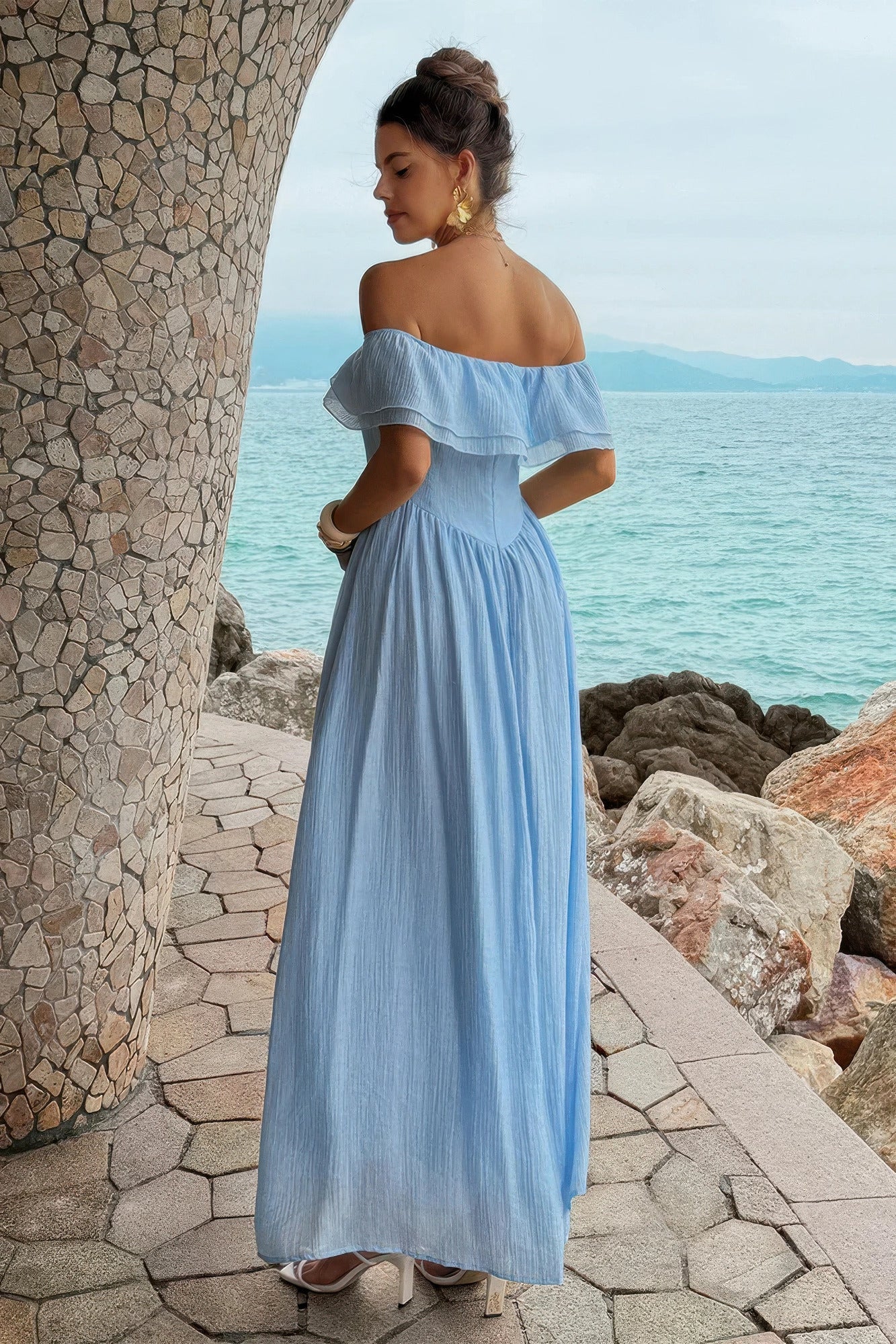 Solid Off Shoulder Corset Ruffle Long Dress