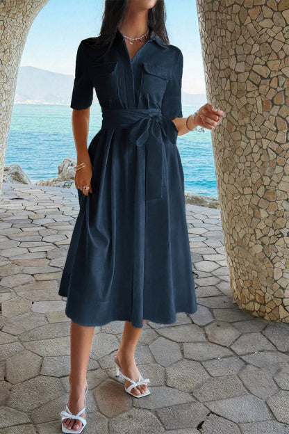 Solid Pocket Turn Down Collar A Line Dress