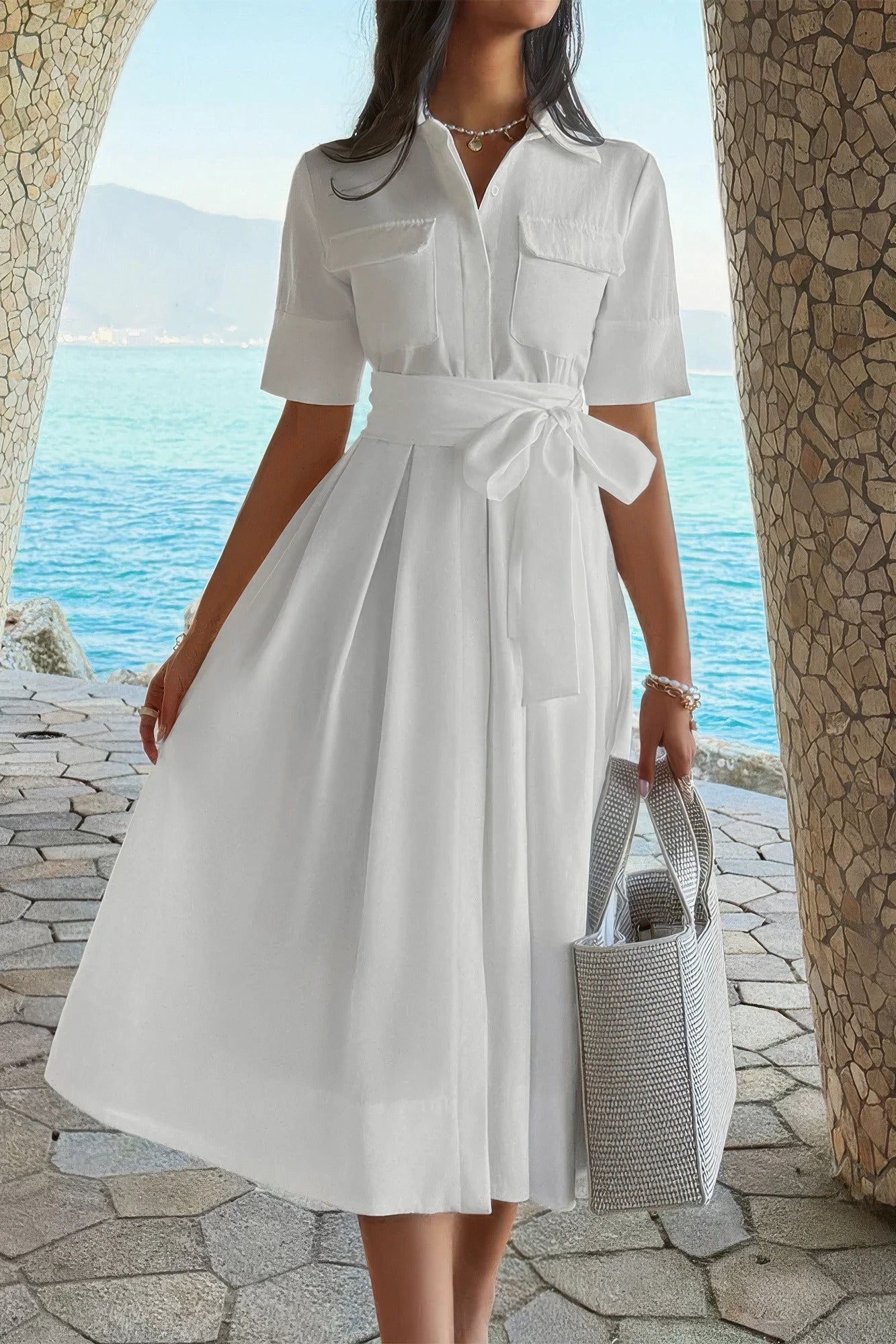 Solid Pocket Turn Down Collar A Line Dress