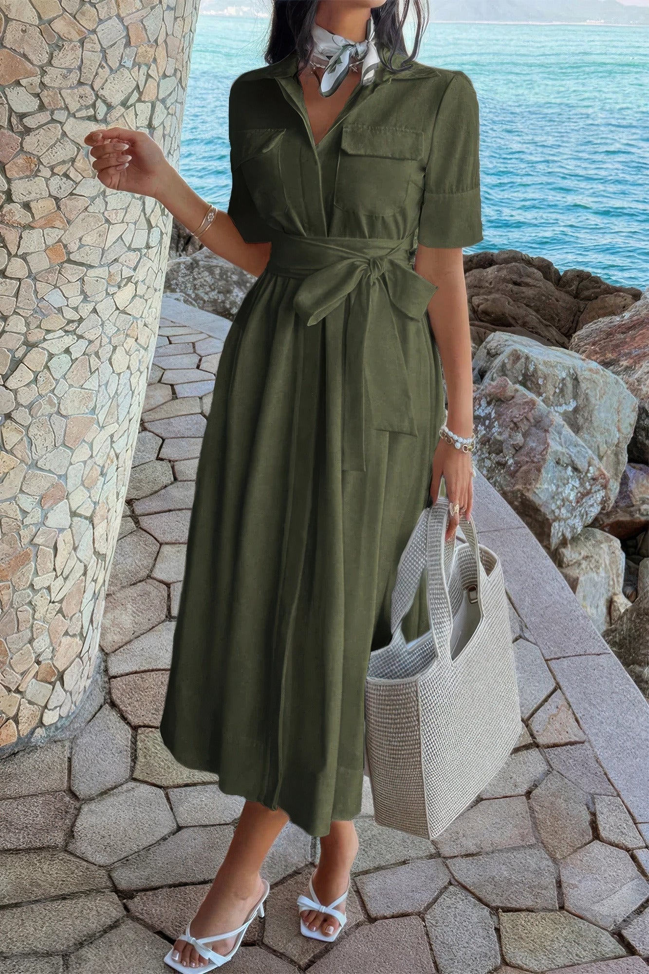Solid Pocket Turn Down Collar A Line Dress