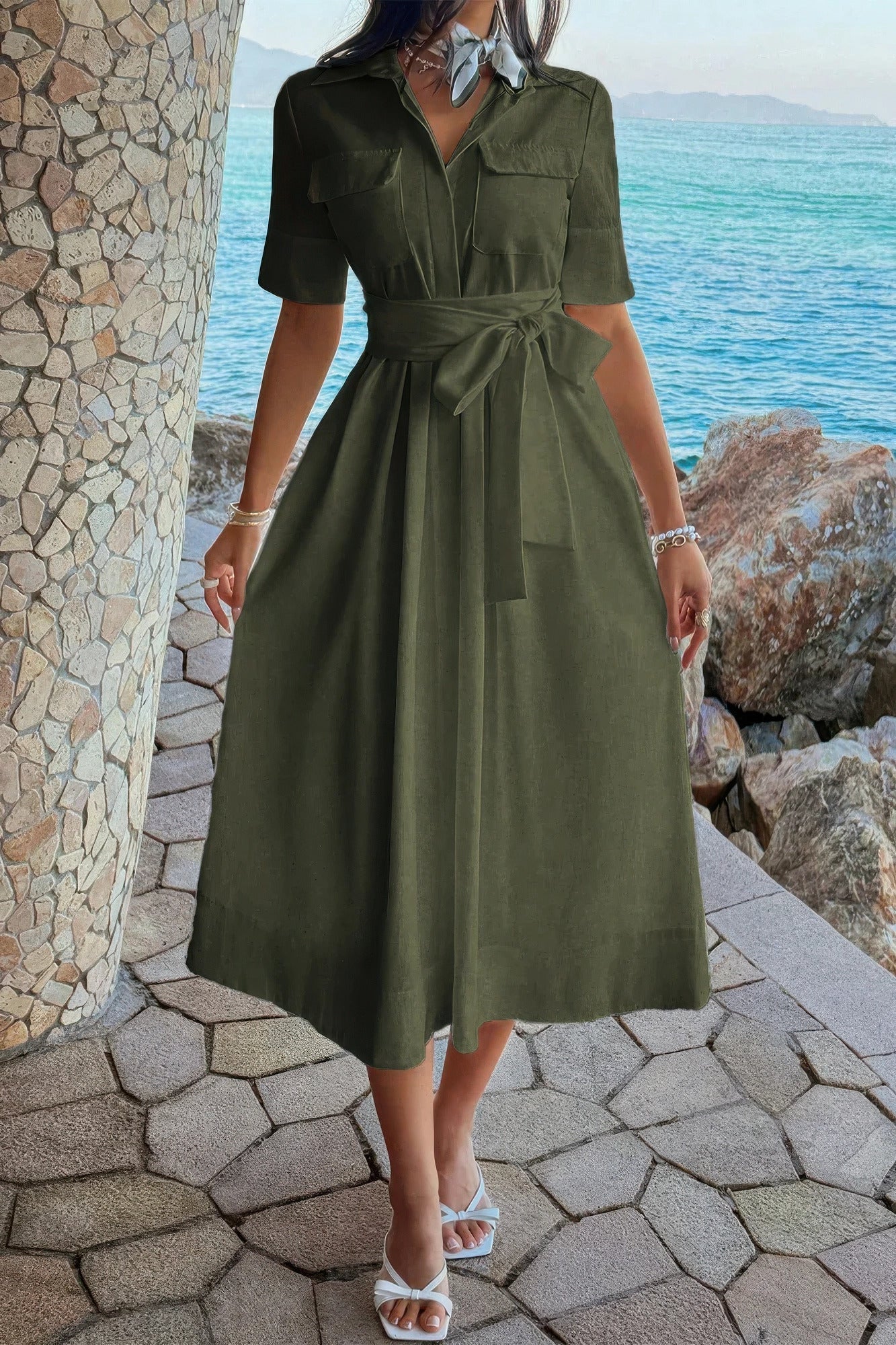 Solid Pocket Turn Down Collar A Line Dress