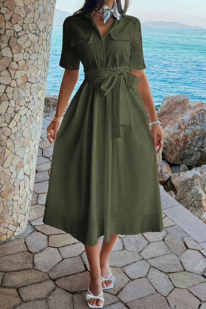 Solid Pocket Turn Down Collar A Line Dress