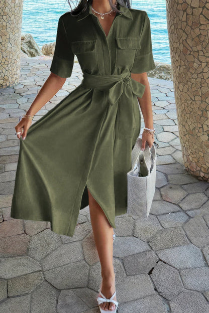 Solid Pocket Turn Down Collar A Line Dress