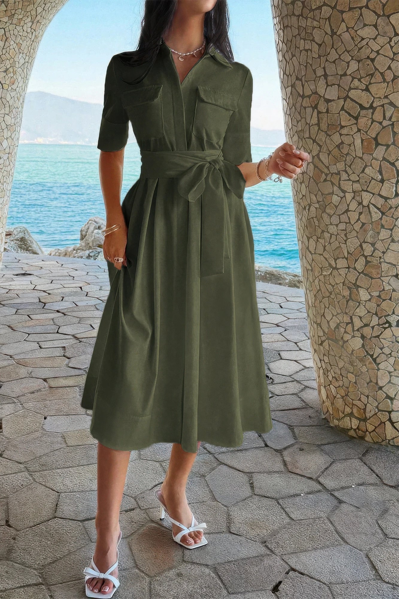 Solid Pocket Turn Down Collar A Line Dress