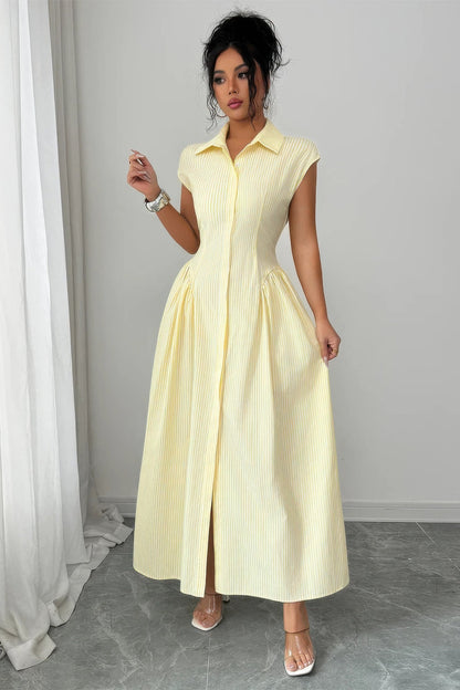 Front Slit Collar Cap Sleeve Ruched Waist Long Dress