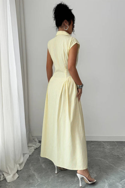 Front Slit Collar Cap Sleeve Ruched Waist Long Dress