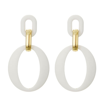White Enamel & Goldtone Openwork Oval Drop Earrings