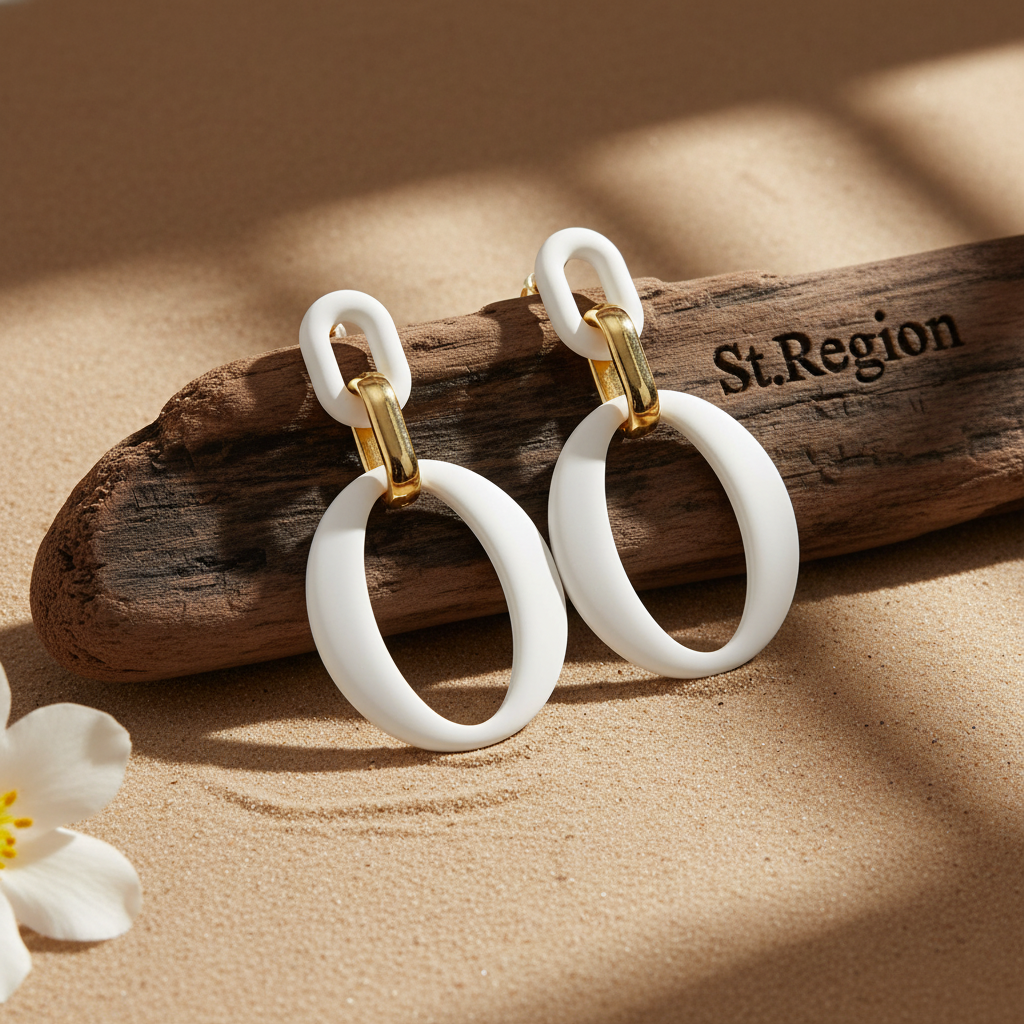 White Enamel & Goldtone Openwork Oval Drop Earrings