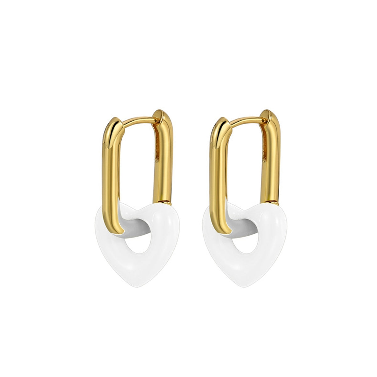 White & Goldtone Heart Huggie Earrings