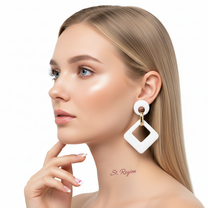White Enamel & Goldtone Open Rhombus Drop Earrings