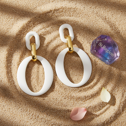 White Enamel & Goldtone Openwork Oval Drop Earrings