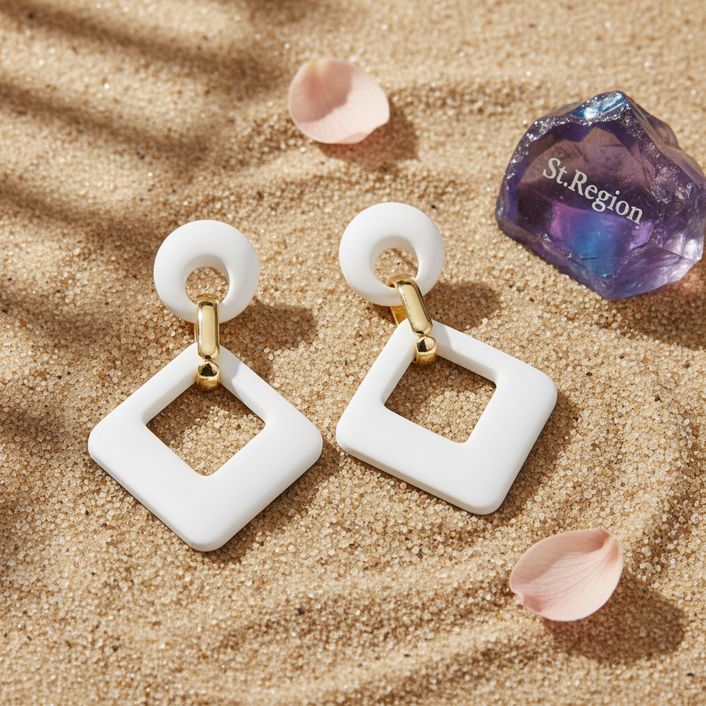 White Enamel & Goldtone Open Rhombus Drop Earrings