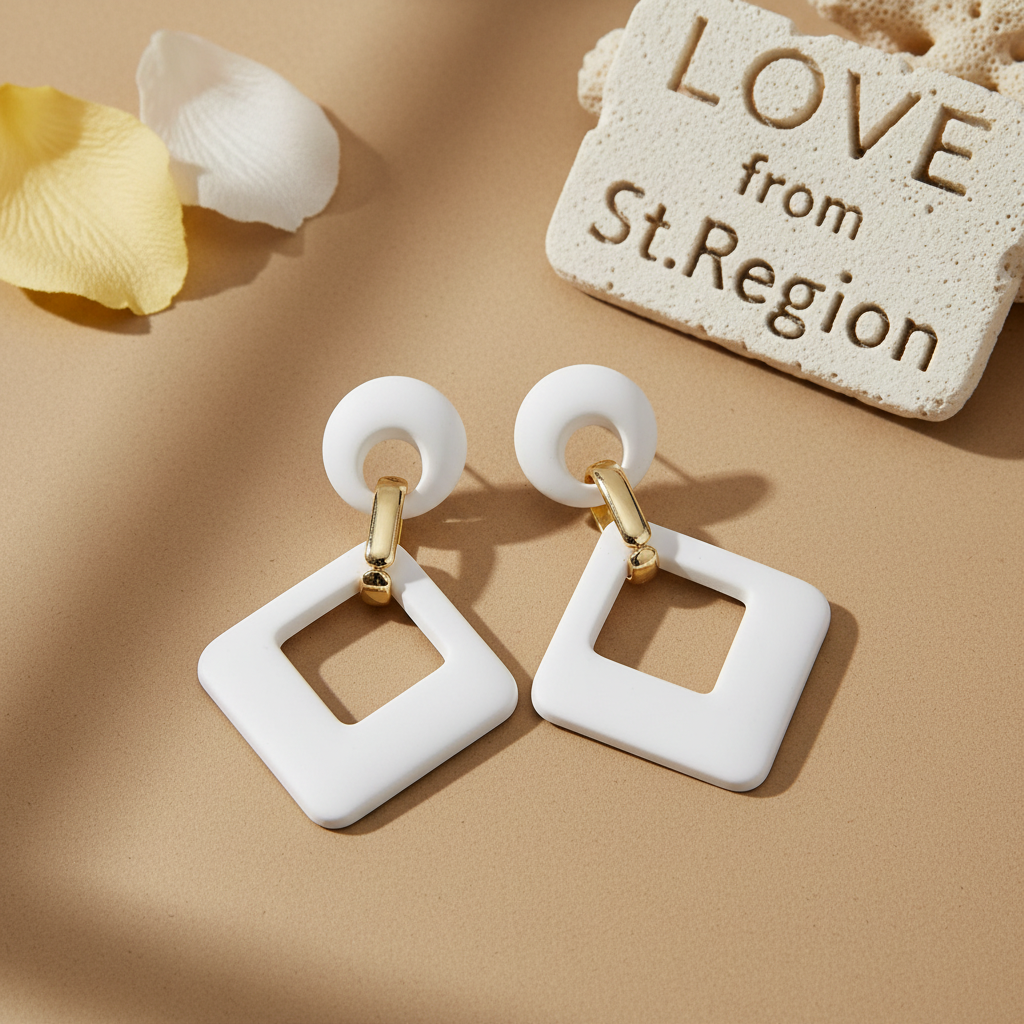 White Enamel & Goldtone Open Rhombus Drop Earrings