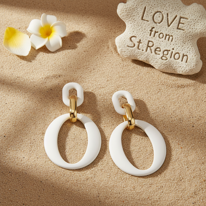 White Enamel & Goldtone Openwork Oval Drop Earrings