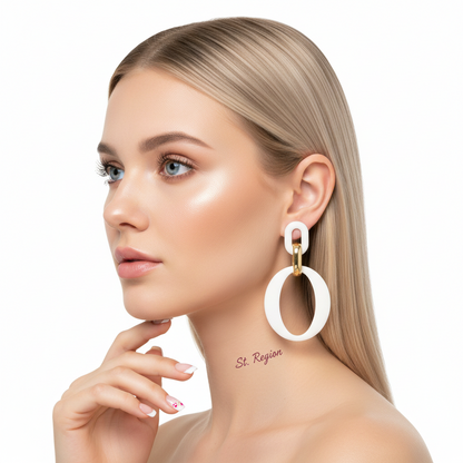 White Enamel & Goldtone Openwork Oval Drop Earrings