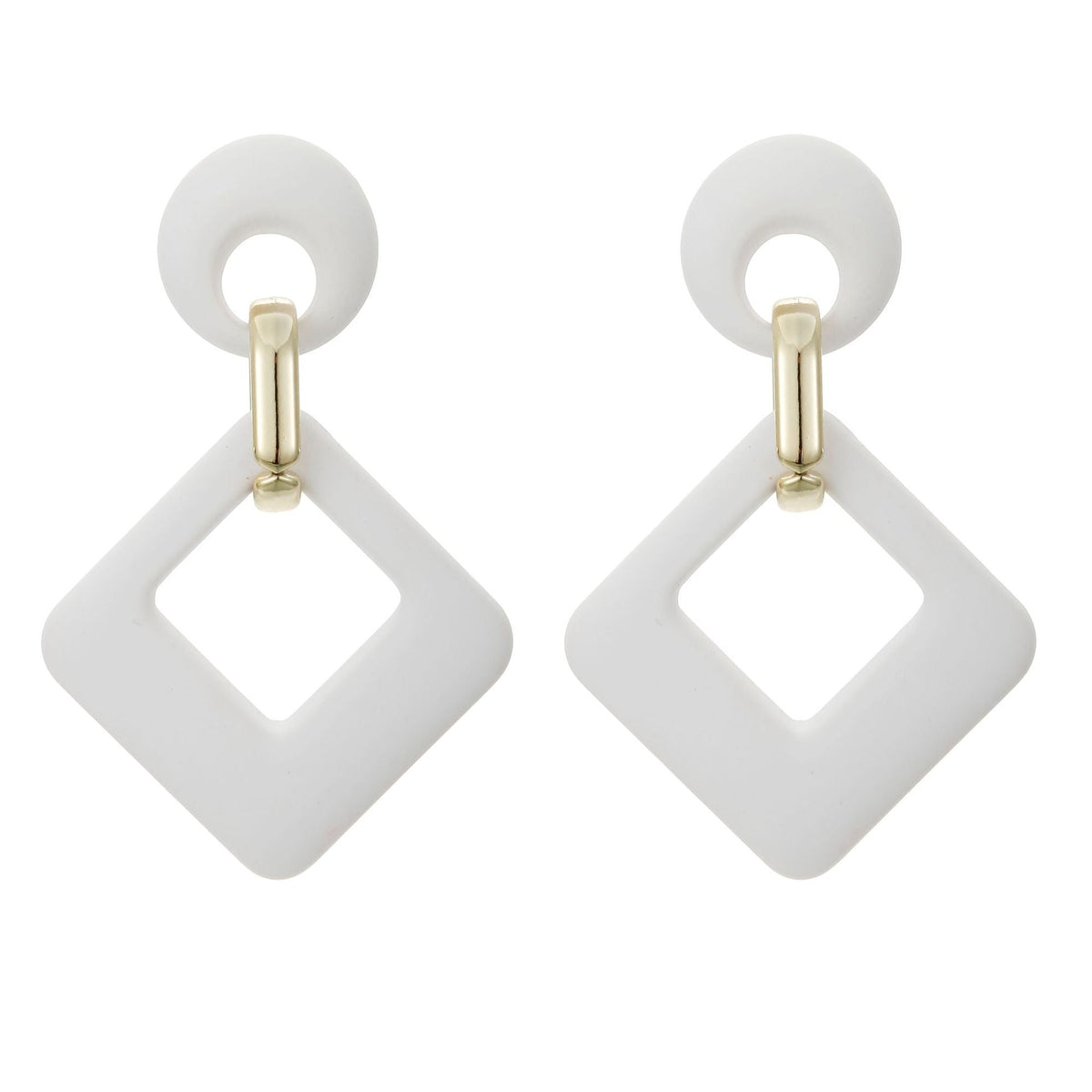 White Enamel & Goldtone Open Rhombus Drop Earrings