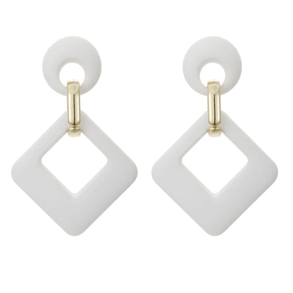 White Enamel & Goldtone Open Rhombus Drop Earrings