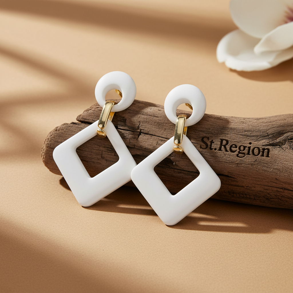 White Enamel & Goldtone Open Rhombus Drop Earrings