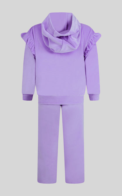 2 PC Little Girls Velour Lili Pullover Hoodie w Ruffle Detail + Little Girls Velour Flare