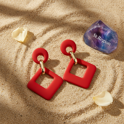 Wine Red Enamel & Goldtone Open Rhombus Drop Earrings