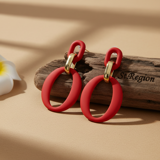Wine Red Enamel & Goldtone Openwork Oval Drop Earrings