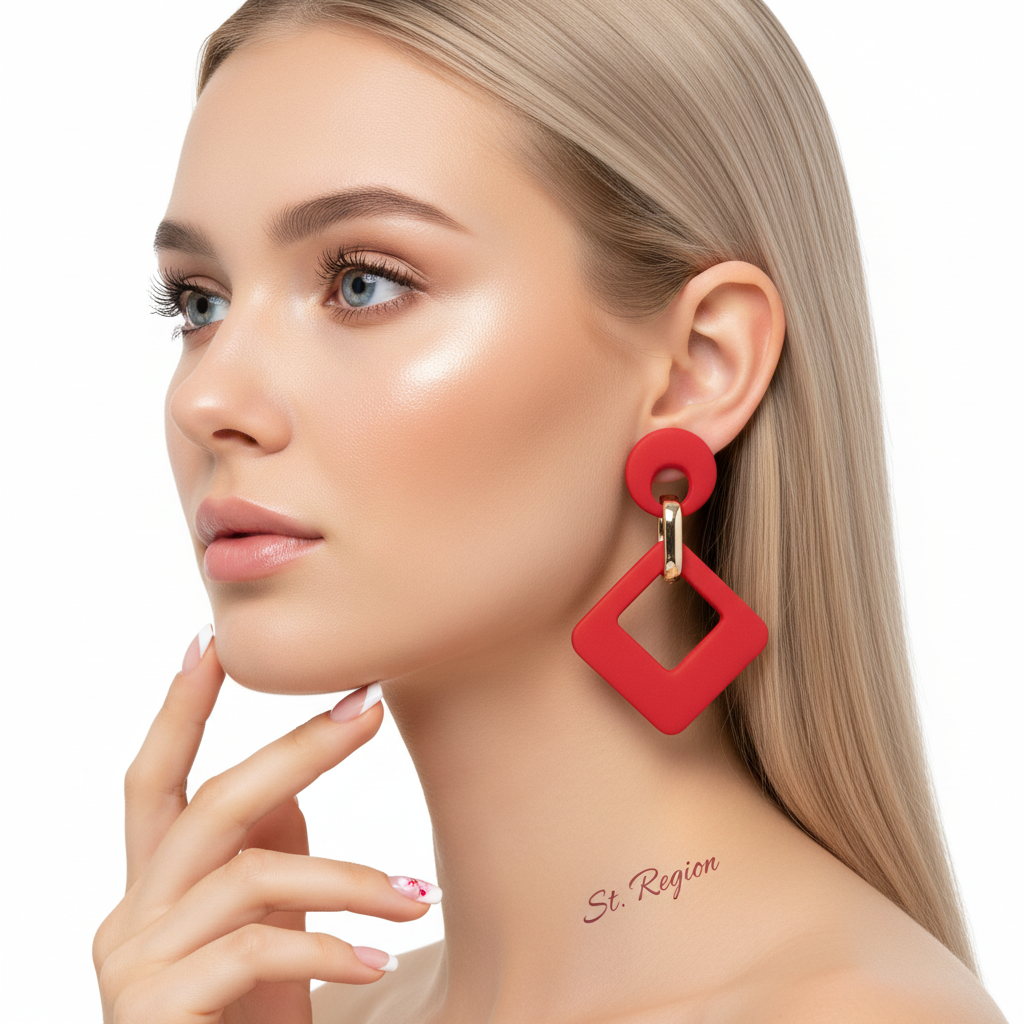 Wine Red Enamel & Goldtone Open Rhombus Drop Earrings