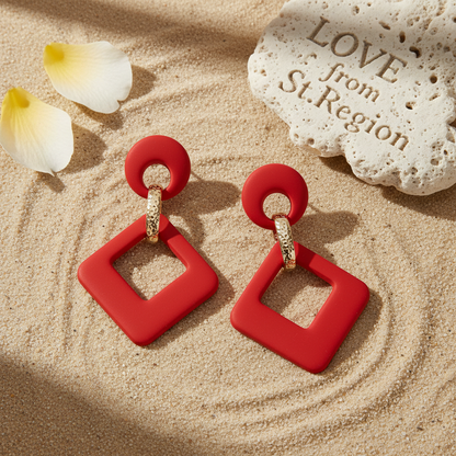 Wine Red Enamel & Goldtone Open Rhombus Drop Earrings