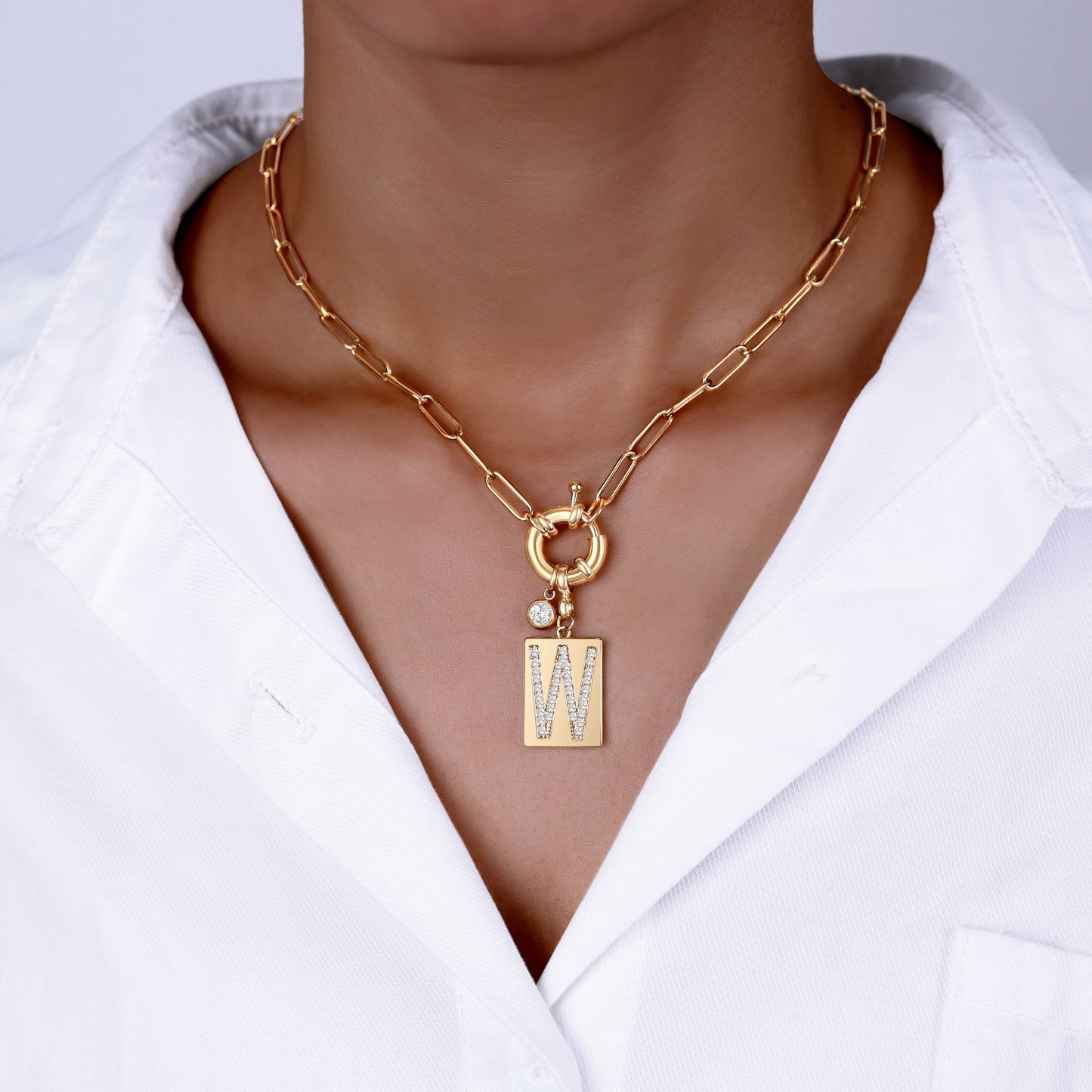 Mint & Lily Pave Initial Pendant Necklace with Paperclip Chain