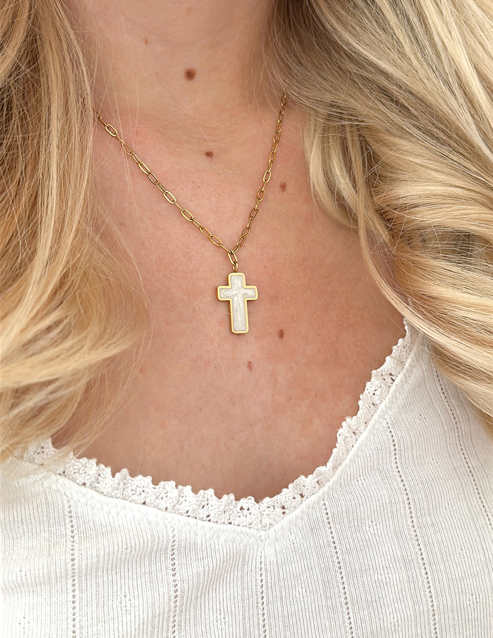 Elevated Faith White Enamel Cross Necklace