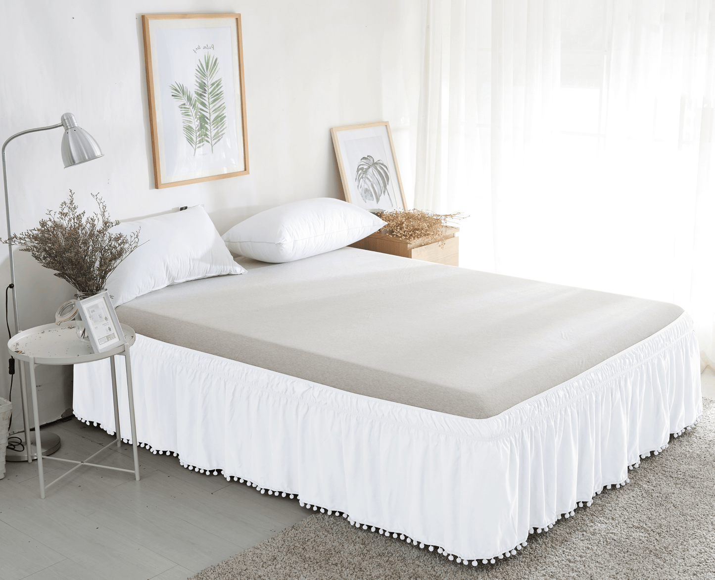 Elegant Comfort Top-Knot Tassel Pompom Fringe Ruffle Bed Skirt - Around Style Elastic Bed Wrap - 16 inch Drop