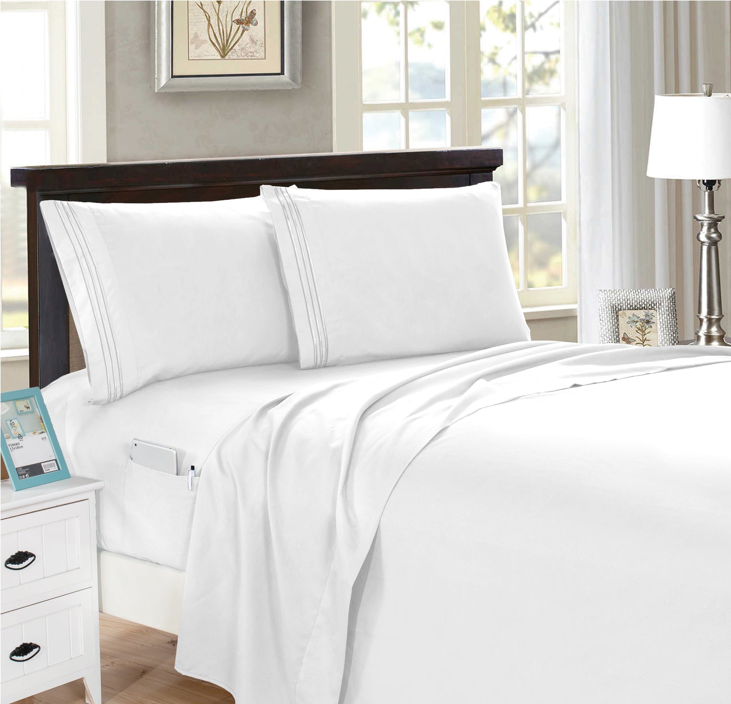 Mocassi 4-Piece Smart Pocket Sheet Set - Features Double Sided Storage Pockets on Fitted Sheet