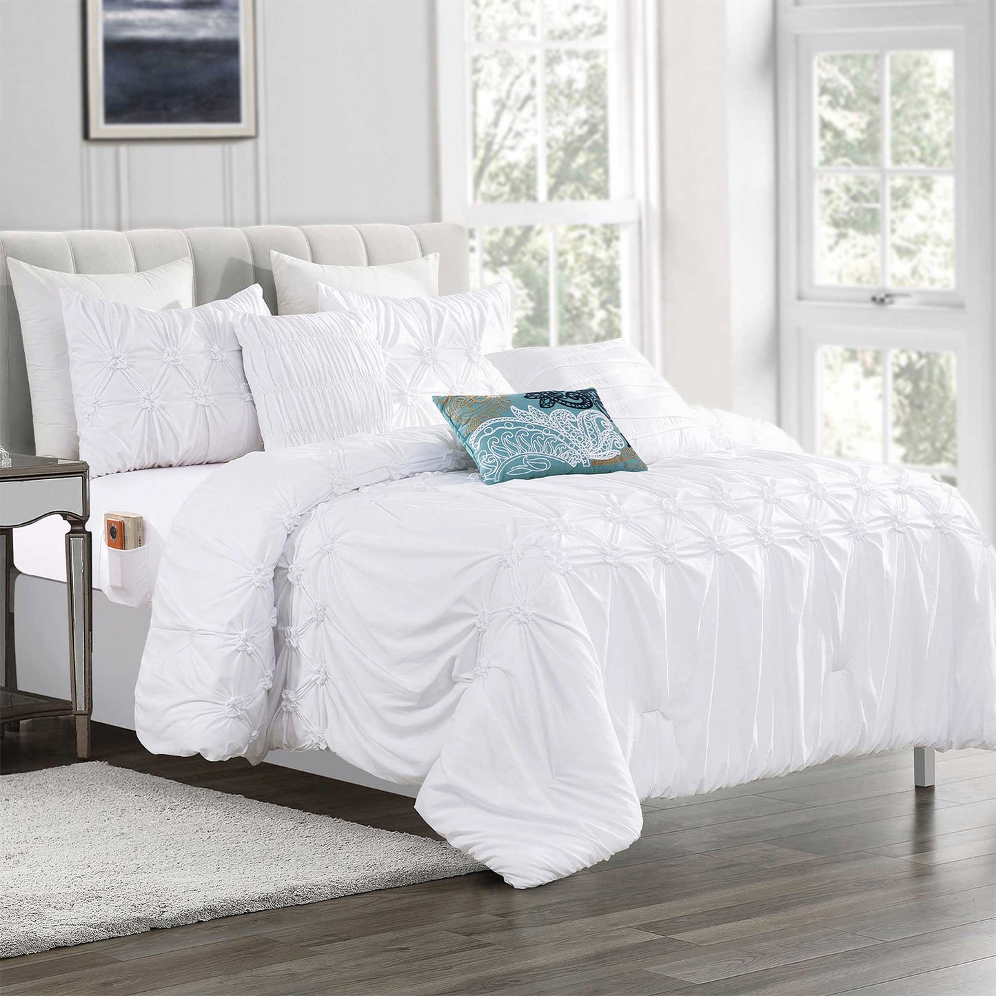 Mocassi 12-Piece Ella Pleated Ruched Pintuck Comforter Set, Includes 6-Piece Sheet Set with Double Sided Storage Pockets