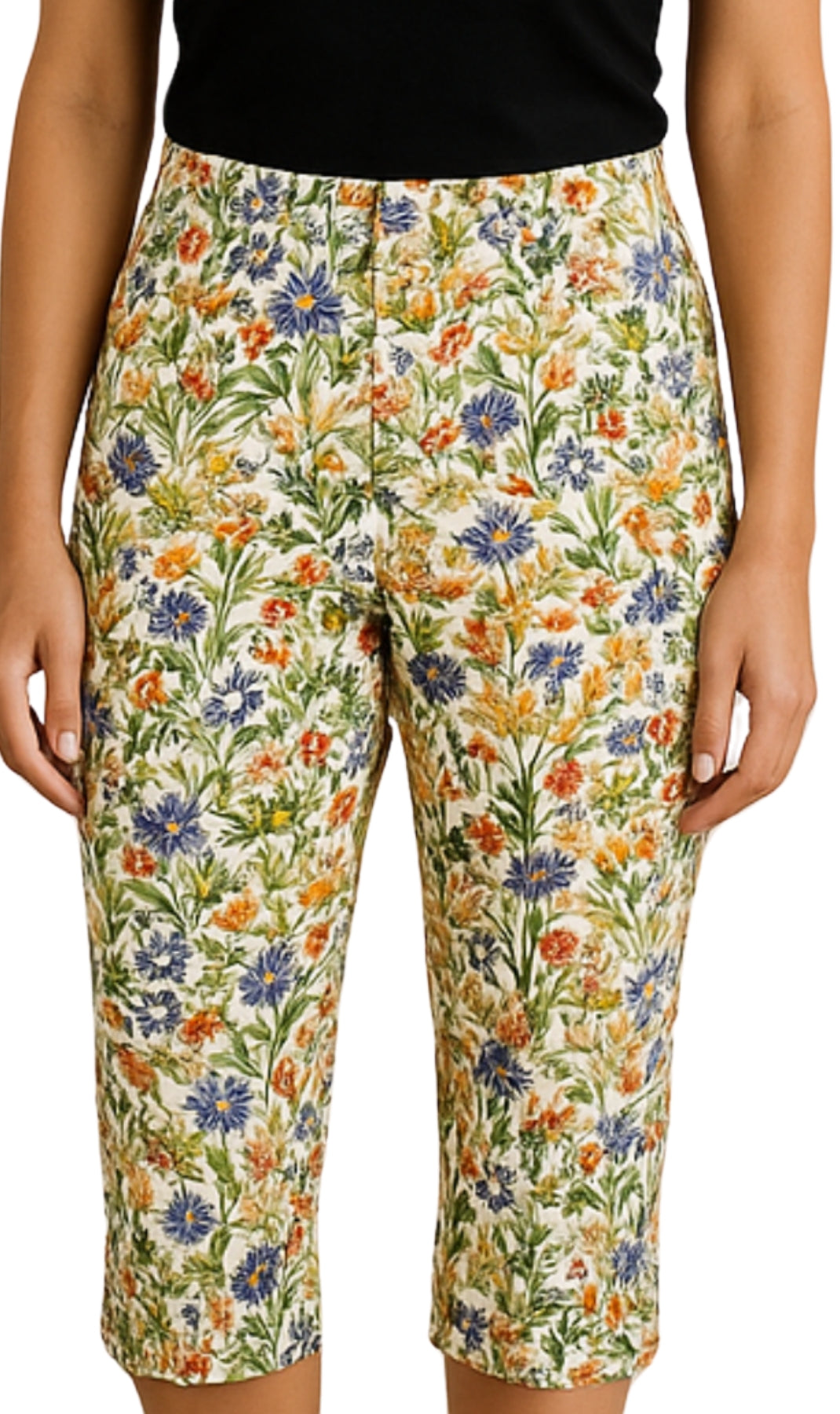 Women's Casual Botanical Bloom Capri Pants with Front Pockets and A Consealed Zipper