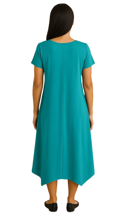 Women's Knit Wide Scoop Neck Short Sleeve Dress in A-line Aymmetrical Hem