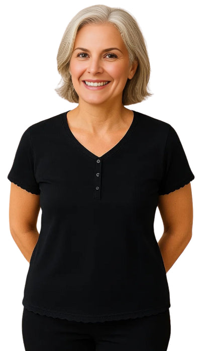 Women's V-neck Short Sleeve Tshirt with A Three Button Placket