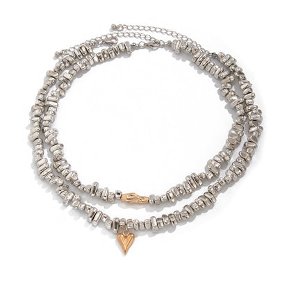 Two Tone Irregular Beads Chain Heart Pendant Necklace Set