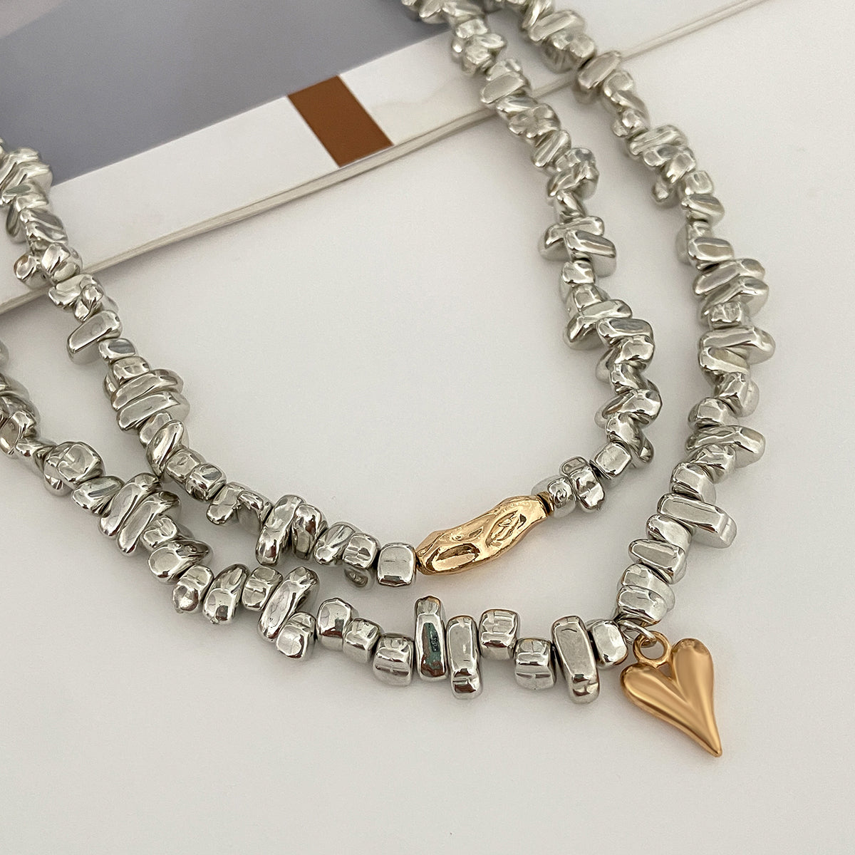 Two Tone Irregular Beads Chain Heart Pendant Necklace Set