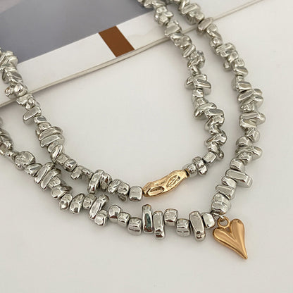 Two Tone Irregular Beads Chain Heart Pendant Necklace Set
