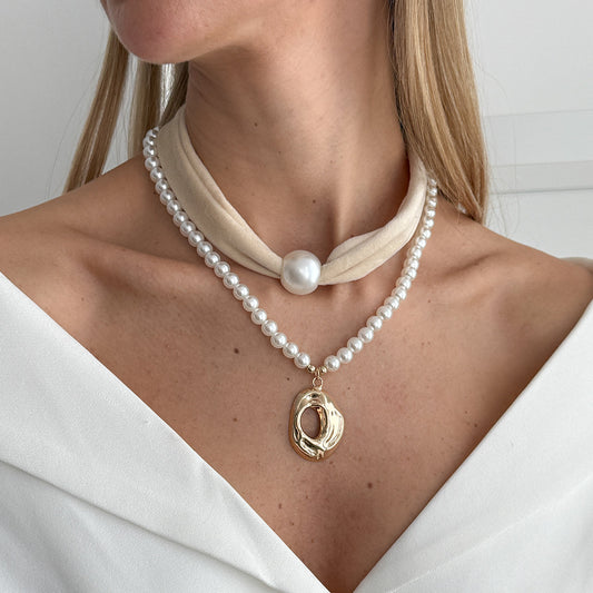 White Polyster & Pearl Goldtone Open Drop Pendant Necklace Set