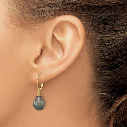 14K Gold Black Teardrop Tahitian Dangle Earrings