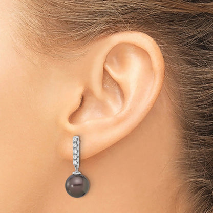 14k Gold Tahitian Black Pearl Diamond Drop Earrings