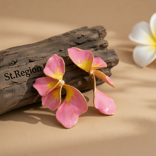 Pink & Yellow Enamel Goldtone Petals Stud Earrings