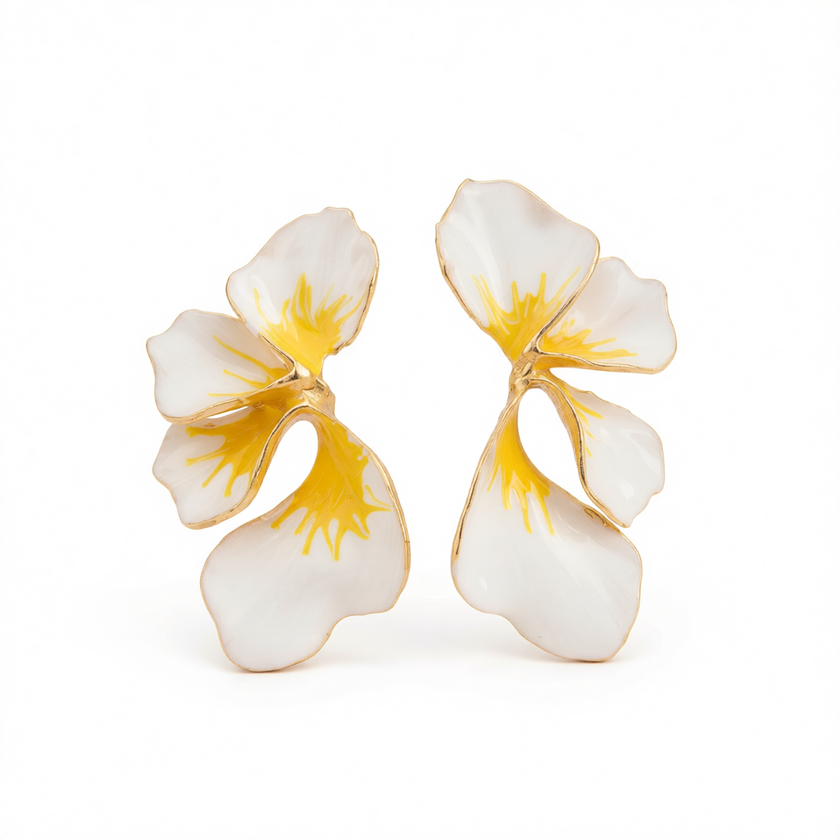 White & Yellow Enamel Goldtone Petals Stud Earrings