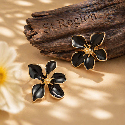 Black Enamel & Goldtone Flower Stud Earrings