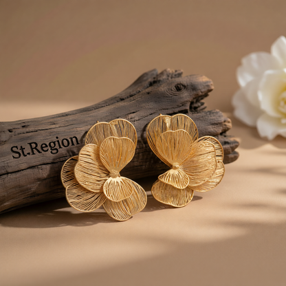 Goldtone Netted Flower Statement Stud Earrings