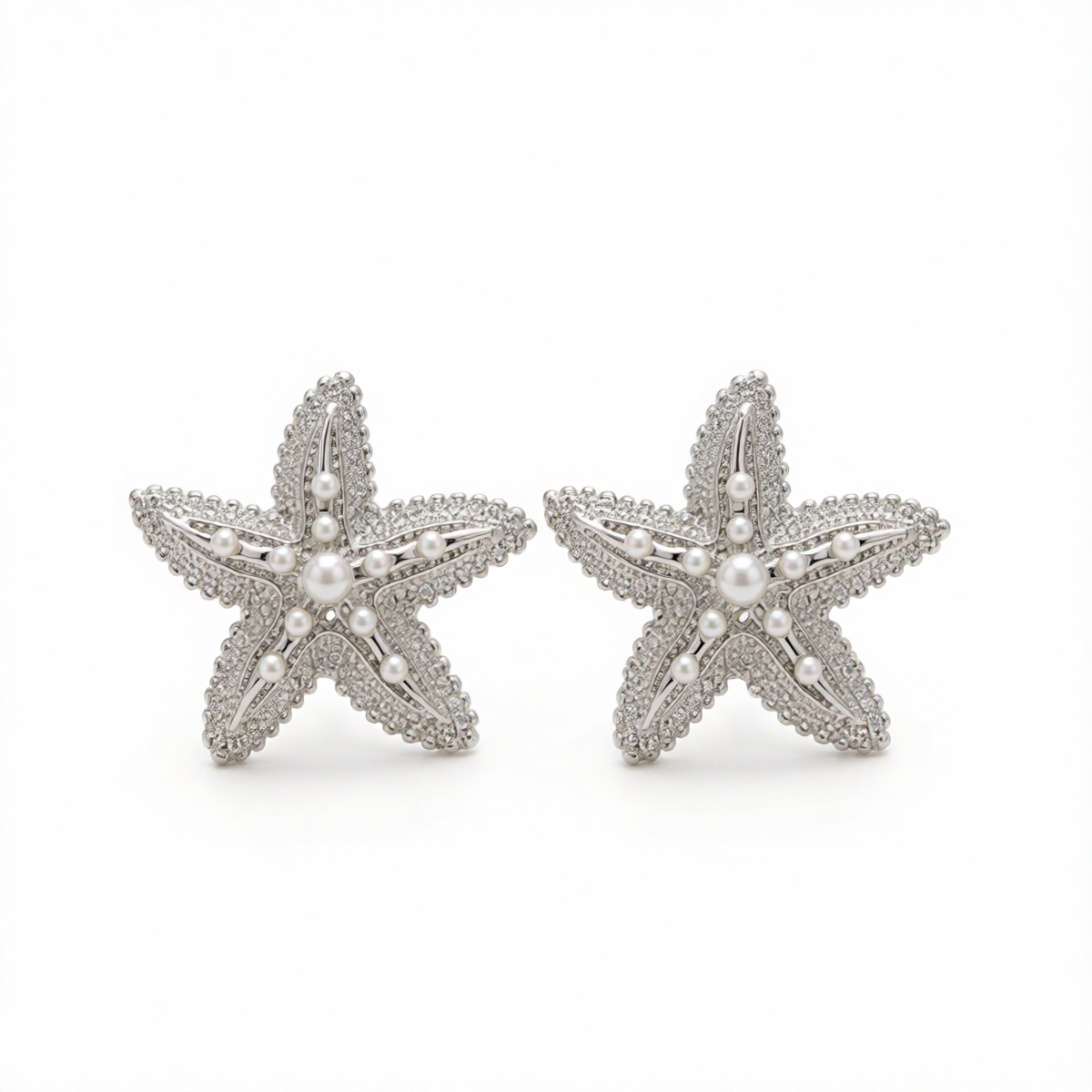 Pearl & Silvertone Textured Starfish Stud Earrings
