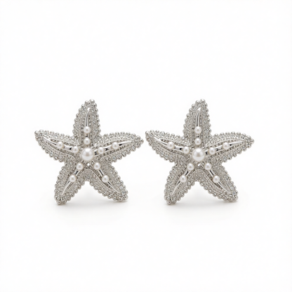 Pearl & Silvertone Textured Starfish Stud Earrings