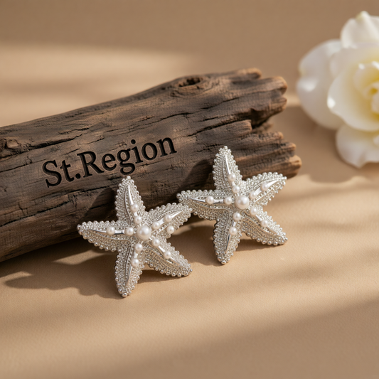Pearl & Silvertone Textured Starfish Stud Earrings